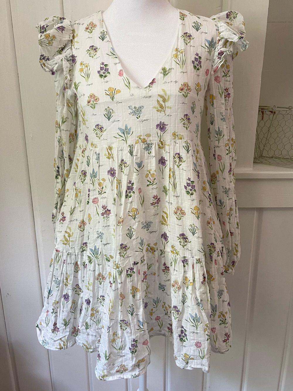 Cotton Aura Botanical Print Long Sleeve Ruffle Dress